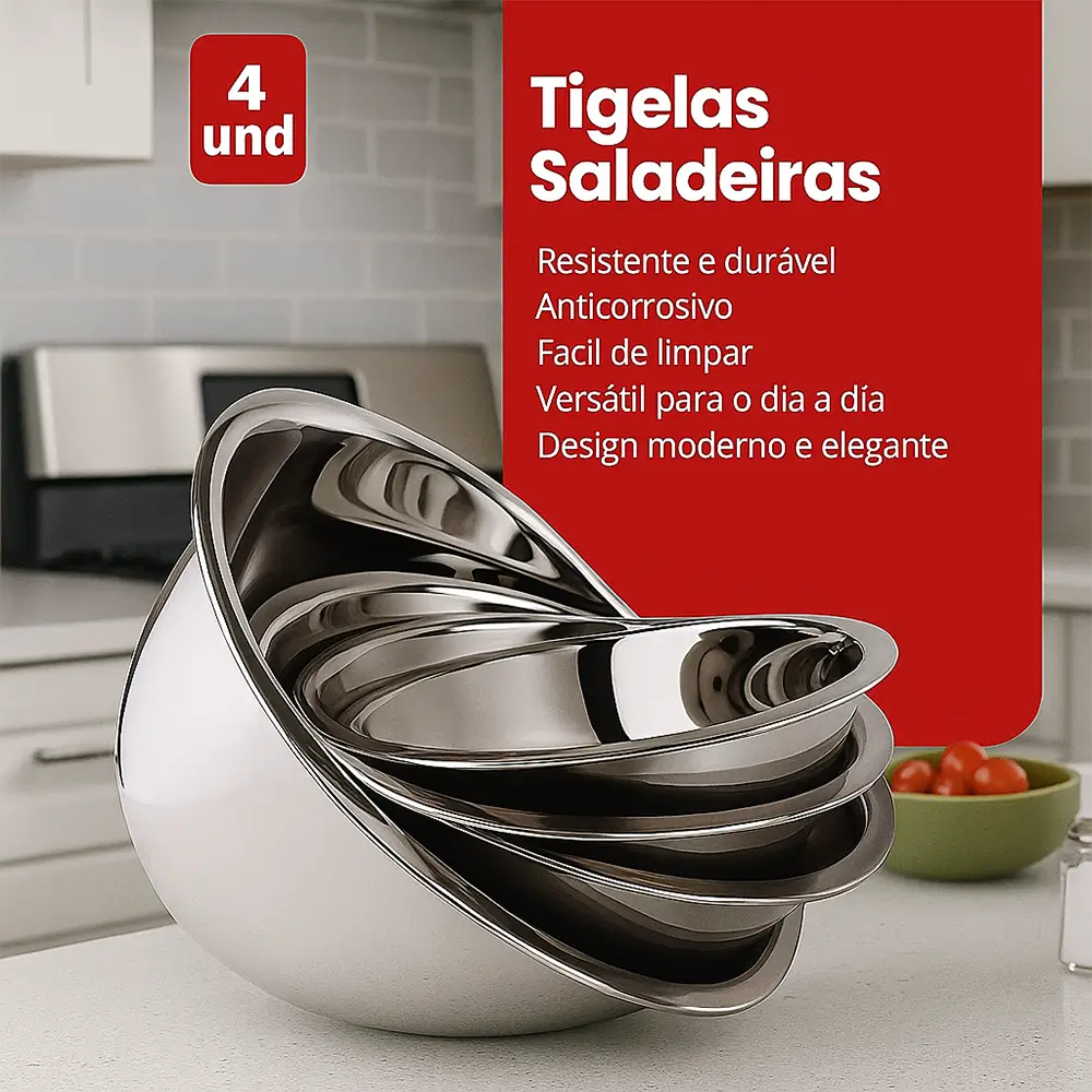 Kit 4 Tigelas Bowls + Escorredor MultiChef – Aço Inoxidável