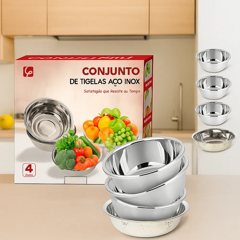 Kit 4 Tigelas Bowls + Escorredor MultiChef – Aço Inoxidável