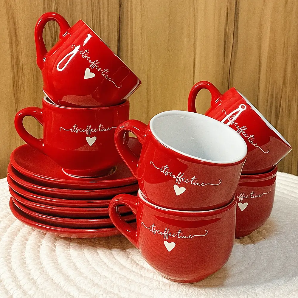 Jogo de Xícaras L'Amour 90ml com Pires – 12 Peças de Porcelana