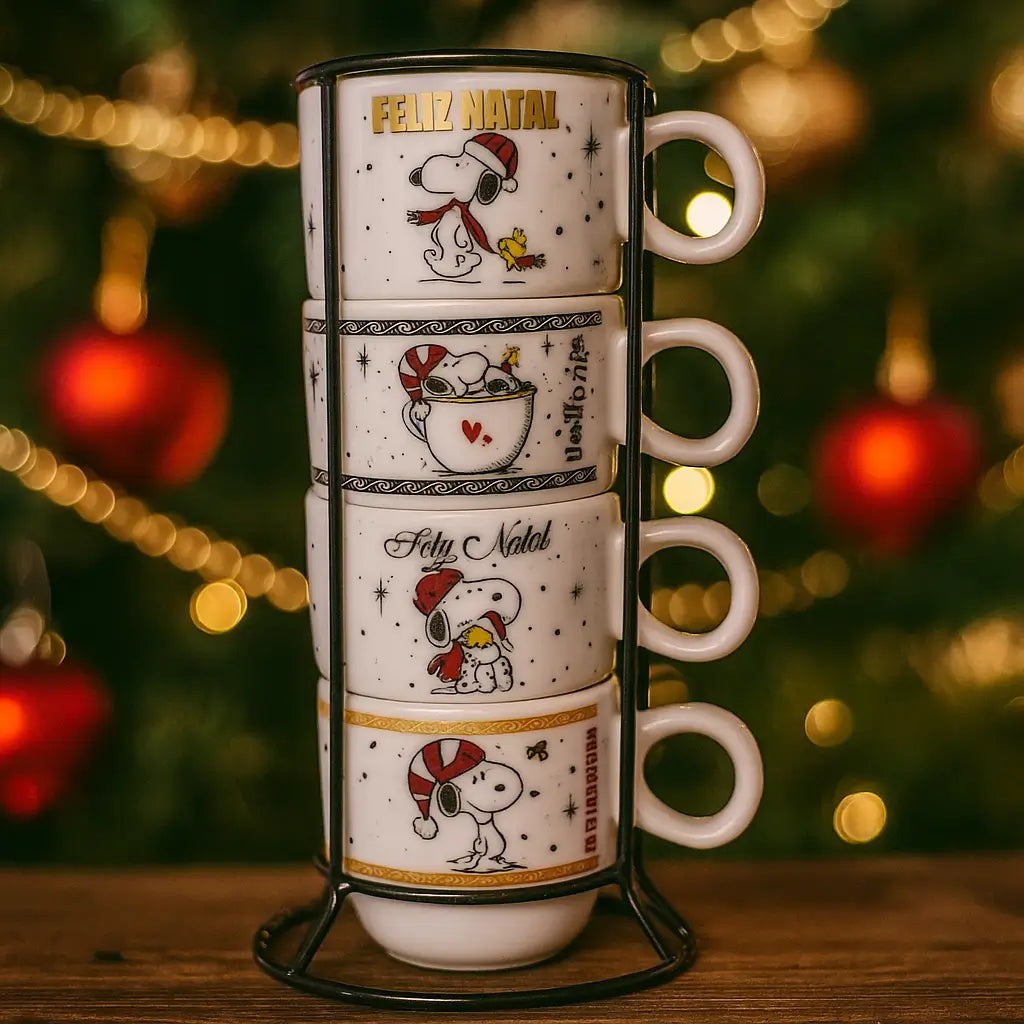 Jogo de Xícaras Empilháveis Natal do Snoopy 150ml com Suporte de Metal – 4 Peças de Porcelana