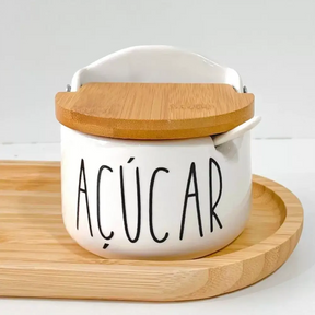 Kit Saleiro e Açucareiro Duo Luxo – Porcelana com Tampa de Bambu