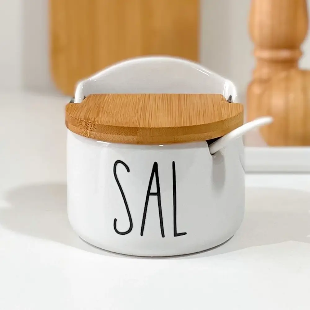 Kit Saleiro e Açucareiro Duo Luxo – Porcelana com Tampa de Bambu