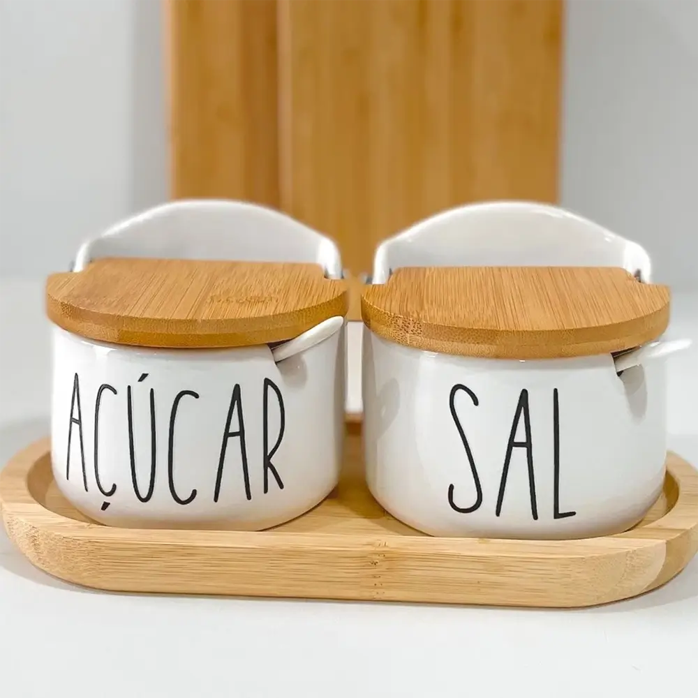 Kit Saleiro e Açucareiro Duo Luxo – Porcelana com Tampa de Bambu